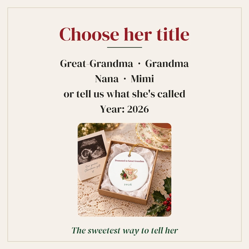 Ornament „Beförderung zur Uroma 2026“, Ornament zur Schwangerschaftsverkündung, Weihnachtsgeschenk für Oma (Nana Mimi), Erinnerungsstück in einer Teetasse Bild 4