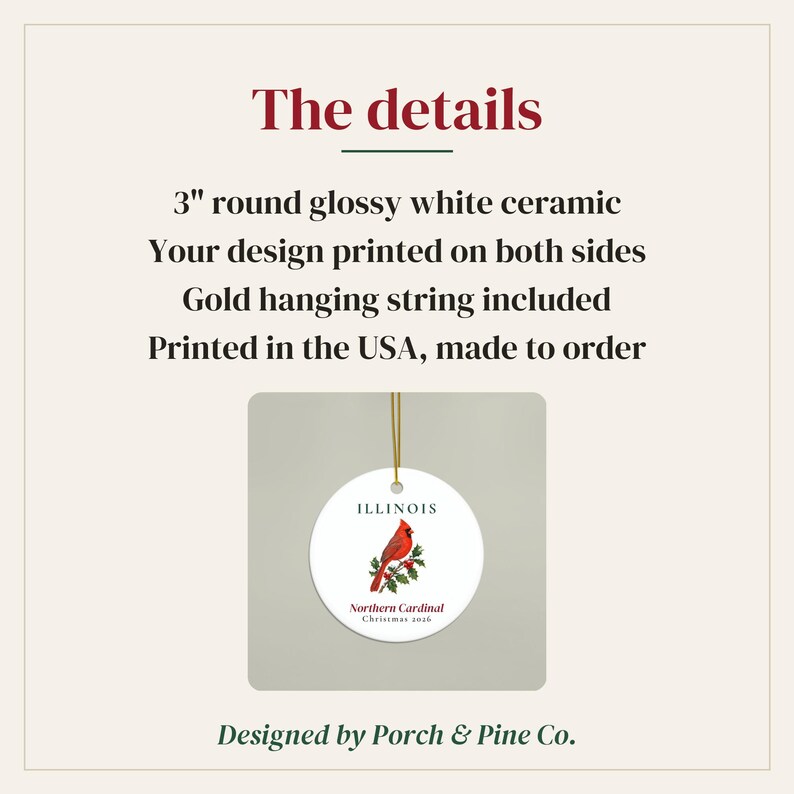 Illinois State Bird Ornament, Northern Cardinal Christmas Ornament 2026, Watercolor Bird Ornament, Illinois Gift for Bird Lover image 4