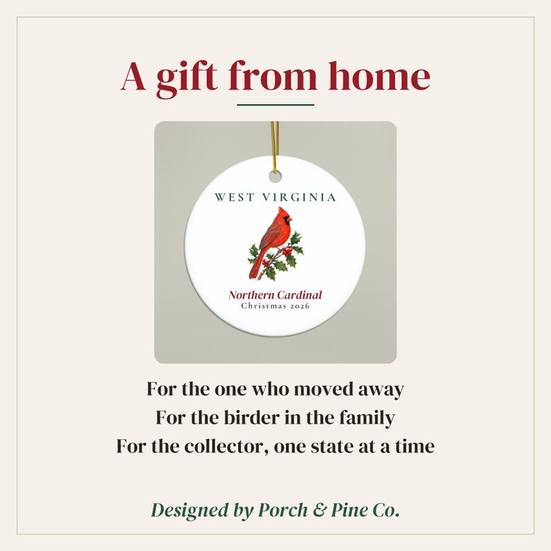 Kerstornament met de staatsvogel van West Virginia, Noordelijke kardinaal, kerstornament 2026, aquarel vogelornament, cadeau uit West Virginia voor vogelliefhebbers afbeelding 6