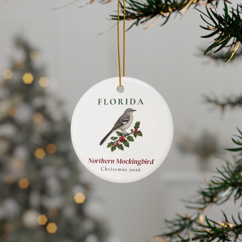 Florida State Bird Ornament, Northern Mockingbird Christmas Ornament 2026, Watercolor Bird Ornament, Florida Gift for Bird Lover image 3