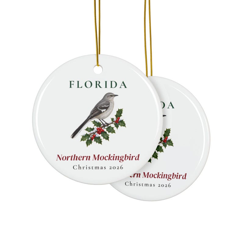 Florida State Bird Ornament, Northern Mockingbird Christmas Ornament 2026, Watercolor Bird Ornament, Florida Gift for Bird Lover image 2
