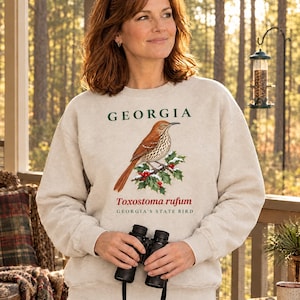Sweatshirt met de staatsvogel van Georgia, ronde hals met aquarelprint van een vogel, cadeau voor vogelaars uit Georgia, sweatshirt met natuurmotief uit het zuiden, cadeau voor vogelliefhebbers afbeelding 1