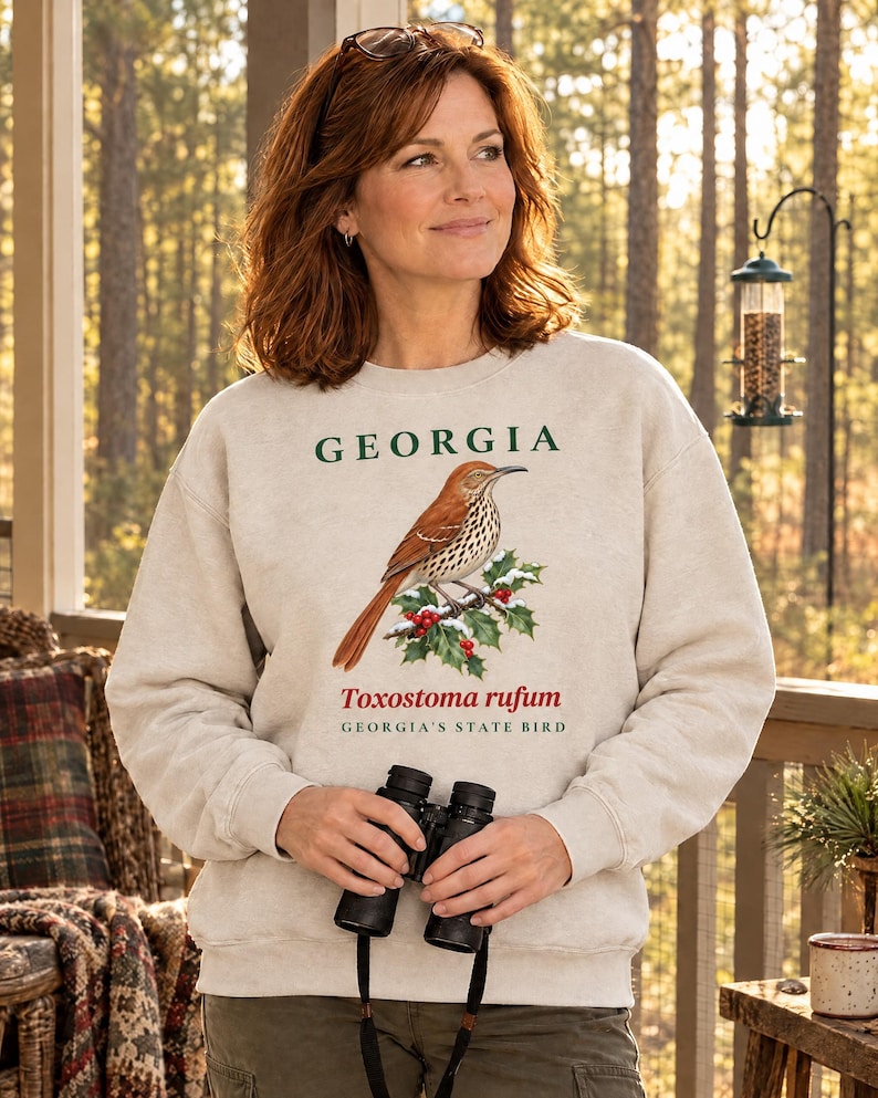 Sweatshirt met de staatsvogel van Georgia, ronde hals met aquarelprint van een vogel, cadeau voor vogelaars uit Georgia, sweatshirt met natuurmotief uit het zuiden, cadeau voor vogelliefhebbers afbeelding 1