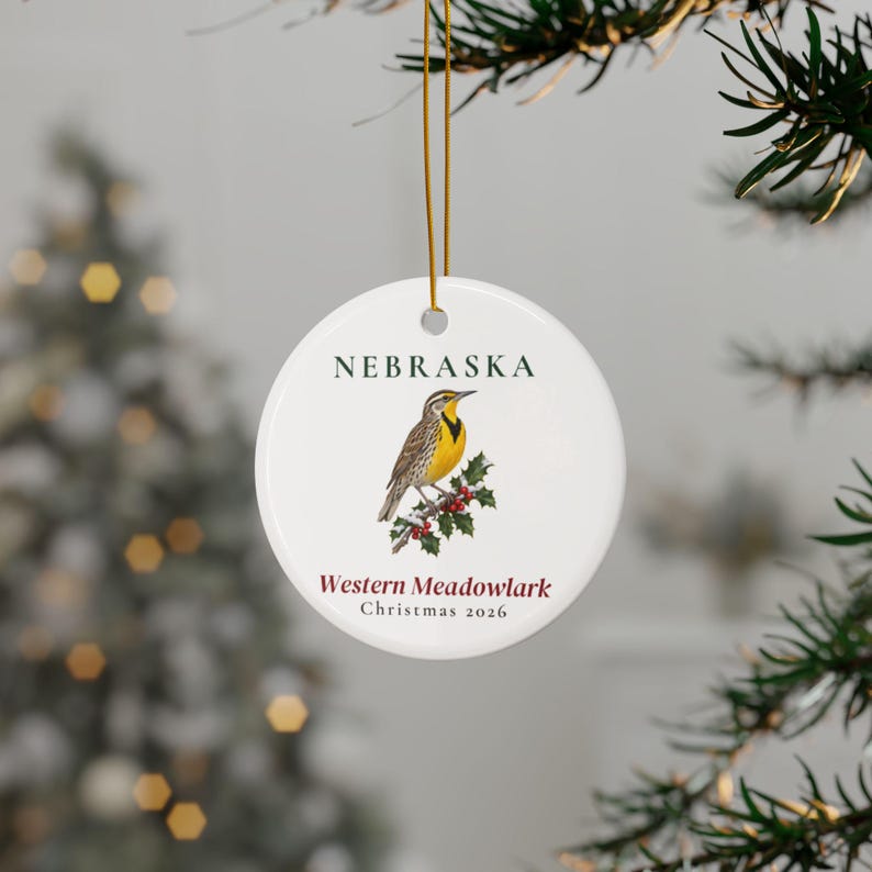 Nebraska State Bird Ornament, Western Meadowlark Christmas Ornament 2026, Watercolor Bird Ornament, Nebraska Gift for Bird Lover immagine 2