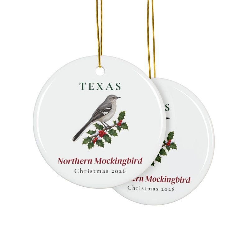 Texas State Bird Ornament, Northern Mockingbird Christmas Ornament 2026, Watercolor Bird Ornament, Texas Gift for Bird Lover image 2