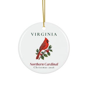 Virginia State Bird Ornament, Northern Cardinal Christmas Ornament 2026, Watercolor Bird Ornament, Virginia Gift for Bird Lover image 1
