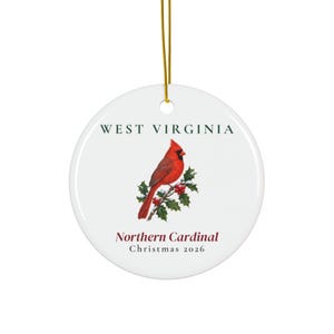 Kerstornament met de staatsvogel van West Virginia, Noordelijke kardinaal, kerstornament 2026, aquarel vogelornament, cadeau uit West Virginia voor vogelliefhebbers afbeelding 1
