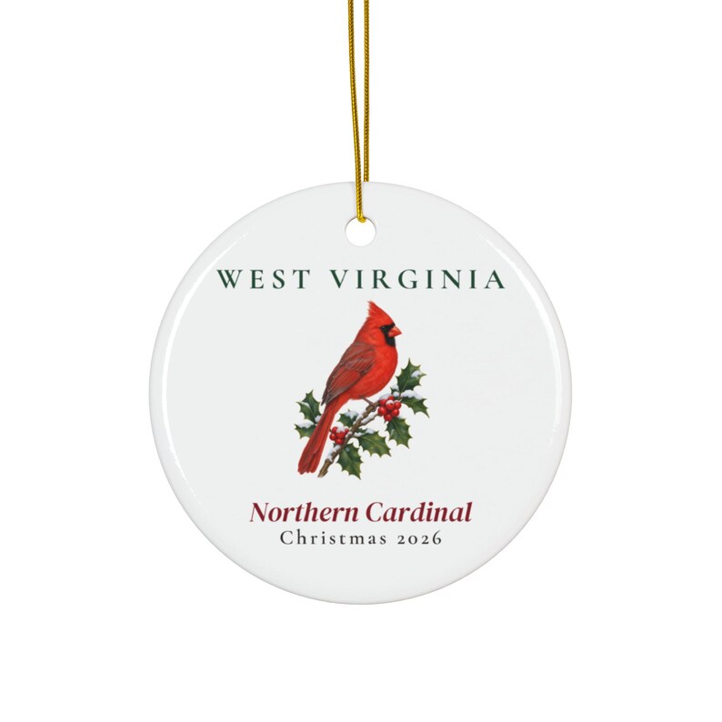 Kerstornament met de staatsvogel van West Virginia, Noordelijke kardinaal, kerstornament 2026, aquarel vogelornament, cadeau uit West Virginia voor vogelliefhebbers afbeelding 1