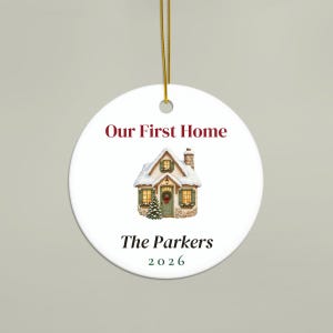 Our First Home Ornament 2026, Personalized New Home Christmas Ornament, Family Name Housewarming Gift, Watercolor Cottage Keepsake image 2