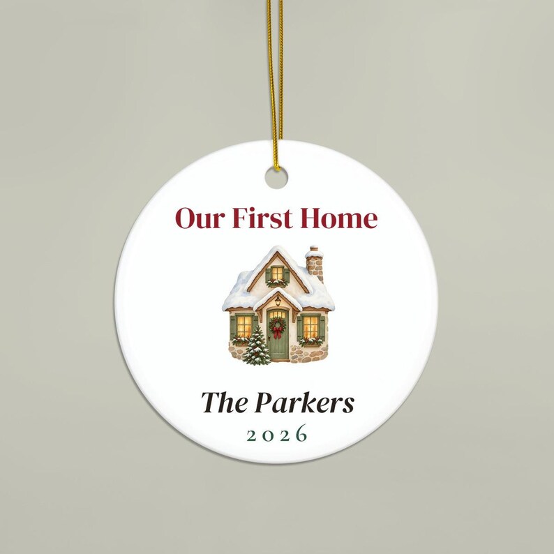 Our First Home Ornament 2026, Personalized New Home Christmas Ornament, Family Name Housewarming Gift, Watercolor Cottage Keepsake image 2