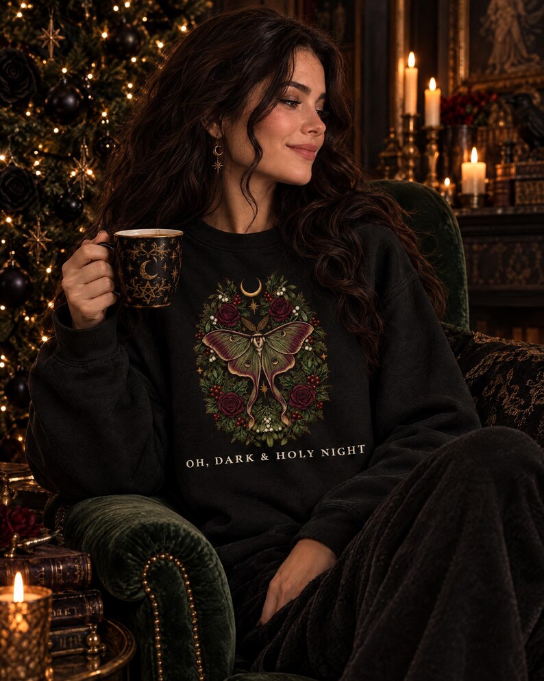 Gothic Christmas Sweatshirt, Luna Moth Holly Wreath Crewneck, Dark Academia Christmas Sweater, Witchy Moody Holiday Gift image 3
