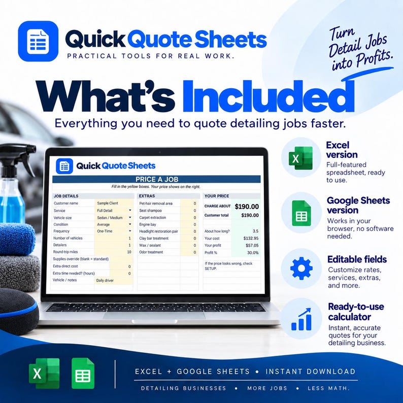 Mobile Detailing Pricing Calculator Spreadsheet | Quote Template for ...