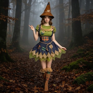 May include: A scarecrow-themed costume featuring a brown pointed hat, a green short-sleeved top with straw-like fringe, and a navy blue pinafore dress with plaid patches. The outfit includes matching knee-high socks with fringe and patches.