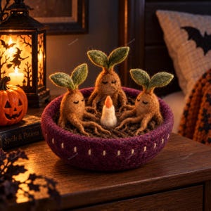 May include: Three needle-felted brown root-like figures with green leaves on their heads sit in a deep purple felt bowl. The figures are arranged in a circle around a small white felt candle. The bowl features white stitched detailing along the rim.