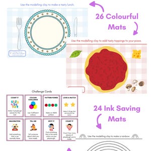 May include: A bundle of 50 playdough mats and challenge cards featuring colourful designs including a plate, a pizza, and a rainbow. The set includes 26 colourful mats, 24 ink-saving mats, and various challenge cards with prompts like count it, colour challenge, pattern power, look and match, imagination, tell me, spot it, and count it.