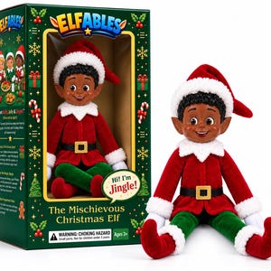 May include: A plush Christmas elf doll named Jingle with dark skin, curly black hair, and pointed ears. The elf wears a red velvet jacket with white faux fur trim, green velvet pants, and a matching red hat with white trim and a gold-colored belt buckle.