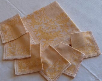 Vintage damask tablecloth set in bright yellow cotton: tablecloth and 6 napkins