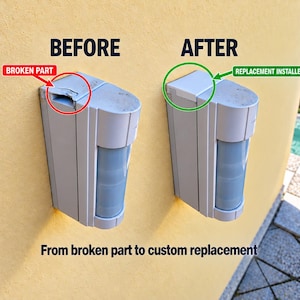 May include: Two motion sensors mounted on a yellow wall. The left sensor shows a broken top section labelled BROKEN PART. The right sensor shows a white replacement part installed, labelled REPLACEMENT INSTALLED. Text reads: BEFORE, AFTER, From broken part to custom replacement.