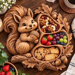 Puede incluir: Una bandeja de madera tallada de color marrón con forma de tronco de árbol y un ardilla que sostiene una bellota. La bandeja tiene tres compartimentos llenos de frutos secos, fresas frescas, uvas verdes, arándanos y galletas variadas.