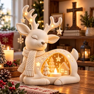 Pode incluir: Uma estatueta de veado em cerâmica cor de creme com um cachecol de malha, apresentando ornamentos pendentes de estrelas e flocos de neve nas hastes. O corpo contém uma cena oca com árvores em miniatura, uma casa e uma vela.