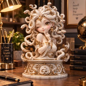 May include: A decorative figurine of a character with snakes for hair, winking and holding a finger to their lips. The figure features pale skin, gold accents, and a marble-like base with a coiled snake emblem, presented in a detailed, ornate style.