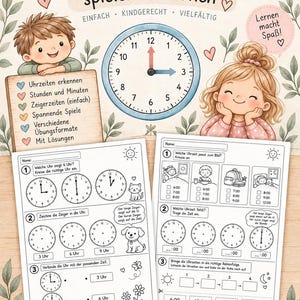 以下が含まれることがあります： Die Uhr spielerisch lernenというタイトルの教育用ポスター。中央の時計、2人の子供のイラスト、時計の図やドイツ語のテキストを含む、時刻の読み方を学ぶための2枚のワークシートが描かれています。