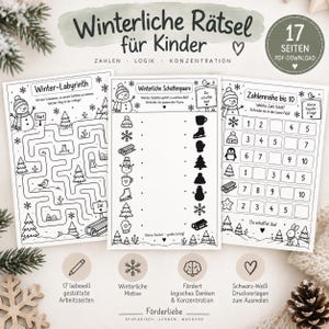 Può includere: Tre fogli di attività stampabili intitolati Winterliche Rätsel für Kinder con illustrazioni in bianco e nero di pupazzi di neve, fiocchi e alberi. Le pagine includono un labirinto, un gioco di ombre e sequenze numeriche fino a 10.