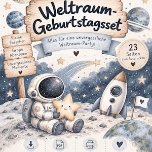 Könnte beinhalten: Ein digitales Weltraum-Geburtstagsset mit einem Astronauten, der einen lächelnden Stern auf einer kraterreichen Mondoberfläche hält, sowie einer Rakete, Planeten und Sternen. Der Text lautet Weltraum-Geburtstagsset, Kleine Forscher, Große Abenteuer, Unvergessliche Momente, 23 Seiten zum Ausdrucken, Digitaler Download, PDF Datei, Zum Ausdrucken, Liebevoll gestaltet, Förderliebe, Ideen für starke Kids.