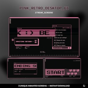 May include: A digital interface set featuring three screens with a black background and pink pixelated text and graphics. The screens display elements like AWAITING RETURN, ENDING SC, START, and chat windows with various text messages.