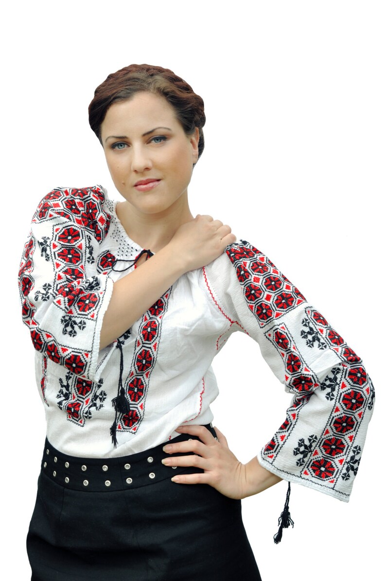 Romanian folk white blouse with red and black embroidery Etsy