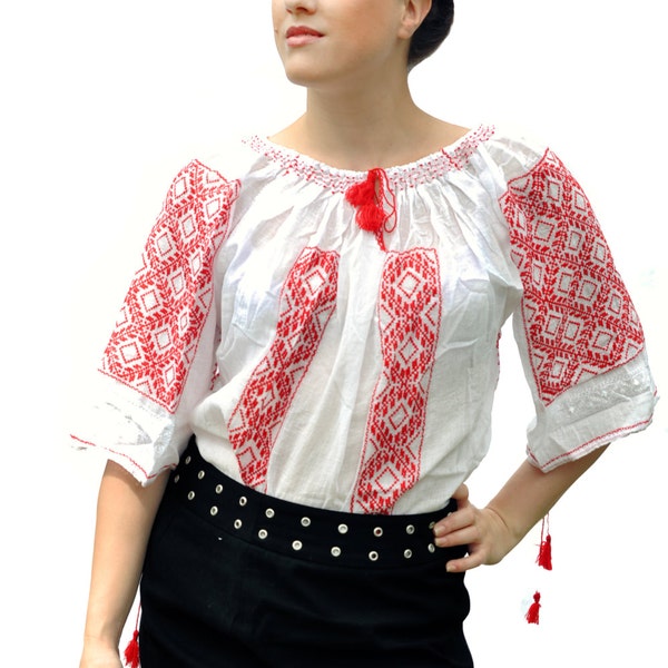 Romanian traditional blouse with red embroidery for spring/ summer