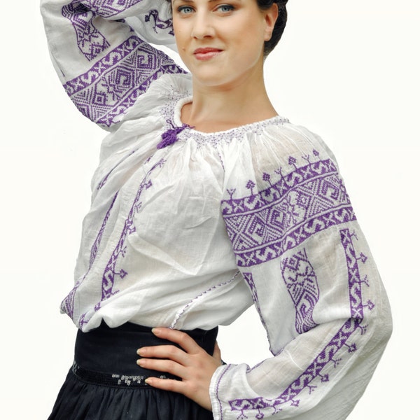 Romanian traditional blouse with purple embroidery