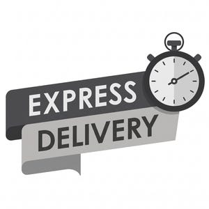 May include: A graphic design featuring a dark grey banner with the white text EXPRESS and a light grey banner with the dark grey text DELIVERY. A circular stopwatch icon with a dark grey border and white face is positioned on the right side.