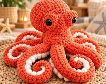 Könnte beinhalten: Ein gehäkeltes Oktopus-Stofftier mit einem leuchtend orangefarbenen Garnkörper und einer strukturierten Maschenoptik. Das Tier hat zwei große, glänzende schwarze Kunststoffaugen und acht geringelte Tentakel mit weißen Unterseiten.