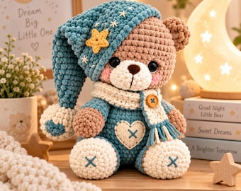 May include: A crocheted teddy bear wearing a blue nightcap with a yellow star, a white scarf with a brown button, and a blue outfit featuring a white heart patch. The bear has brown fur, a white muzzle, and blue and white accents on its feet.