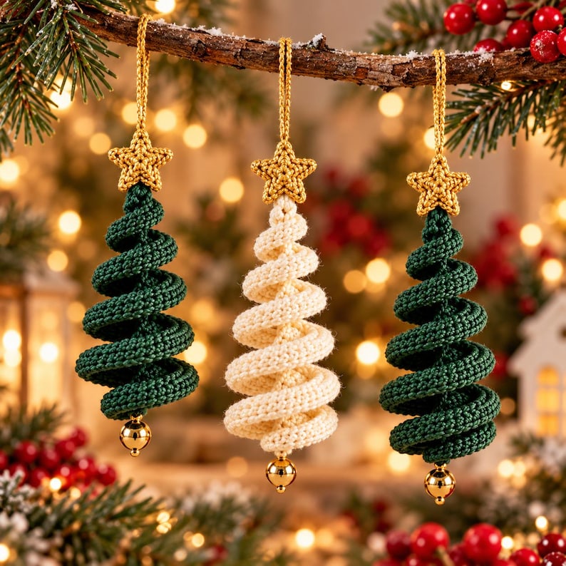 May include: Three hanging ornaments shaped like spiral Christmas trees. Two are dark green and one is cream-colored. Each tree is topped with a small crocheted gold star and features a gold cord loop for hanging, with a shiny gold bead at the base.