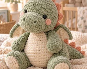 May include: A crochet dinosaur plush toy made of soft sage green yarn with a cream-colored belly and feet. It features small peach-colored spikes along its back, two small wings, and black safety eyes with pink stitched cheeks on its face.