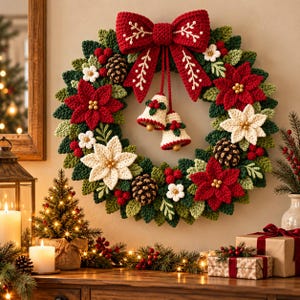May include: A crocheted Christmas wreath featuring a large red bow at the top, two hanging white bells, red and white poinsettia flowers, green leaves, and brown pinecones. The wreath is decorated with small white flowers and red berries.