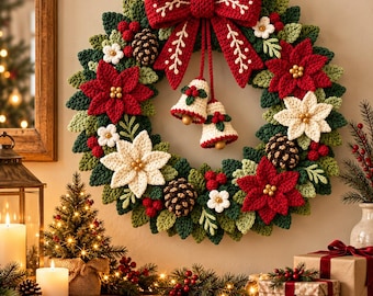 May include: A crocheted Christmas wreath featuring a large red bow at the top, two hanging white bells, red and white poinsettia flowers, green leaves, and brown pinecones. The wreath is decorated with small white flowers and red berries.