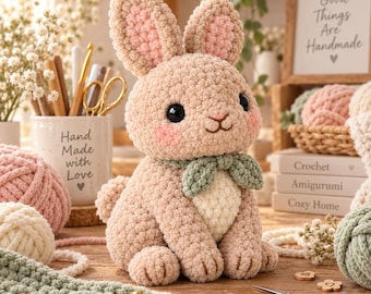 Könnte beinhalten: Ein beigefarbenes Häkel-Hasen-Stofftier mit langen Ohren, schwarzen Augen und rosa Wangen. Der Hase trägt einen salbeigrünen Häkelschal und hat einen weißen Bauch. Das Plüschtier besteht aus weichem Garn mit deutlich sichtbaren Maschen.