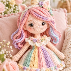 May include: A handmade crochet doll featuring a unicorn horn, long wavy hair in shades of pink, purple, and blue, and a ruffled collar adorned with small flowers. The doll wears a dress with vertical pastel rainbow stripes and a floral hem.