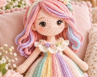 Könnte beinhalten: Eine handgefertigte Häkelpuppe mit einem Einhornhorn, langem, gewelltem Haar in Rosa-, Lila- und Blautönen sowie einem mit kleinen Blumen verzierten Rüschenkragen. Die Puppe trägt ein Kleid mit vertikalen Pastell-Regenbogenstreifen und Blumensaum.