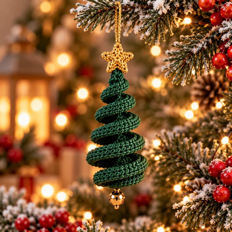 May include: A dark green crocheted Christmas tree ornament featuring a spiral design. The ornament is topped with a small, textured gold crocheted star and hangs from a gold cord. A single, smooth, reflective gold bead is attached to the bottom tip.