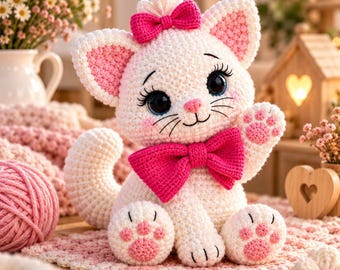 Könnte beinhalten: Ein weißes, gehäkeltes Katzen-Stofftier mit großen dunklen Augen, langen Wimpern, einer rosa Nase und rosa Innenohren. Die Katze trägt eine leuchtend rosa Schleife auf dem Kopf und eine größere, passende rosa Schleife um den Hals mit rosa Pfoten.