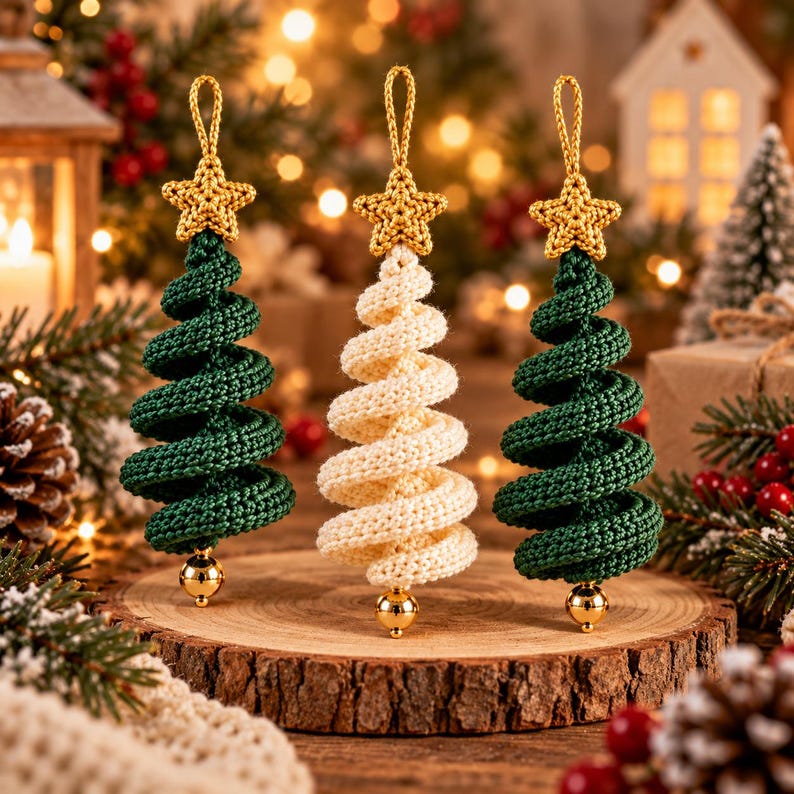 May include: Three spiral-shaped Christmas tree ornaments made of crocheted yarn. Two trees are dark green and one is cream-colored. Each tree is topped with a small, gold-colored crocheted star and features a shiny gold bead at the base.