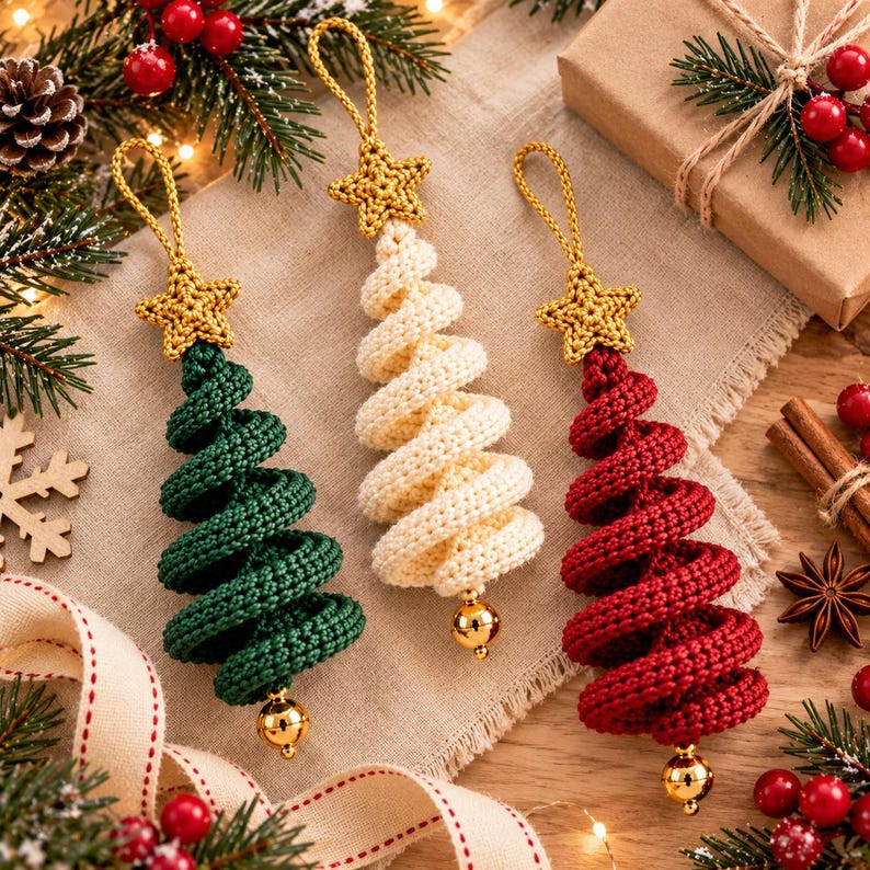 May include: Three spiral-shaped Christmas tree ornaments made of crocheted yarn in dark green, cream, and deep red. Each ornament features a gold crocheted star at the top and a small, shiny gold-toned spherical bell attached to the bottom point.