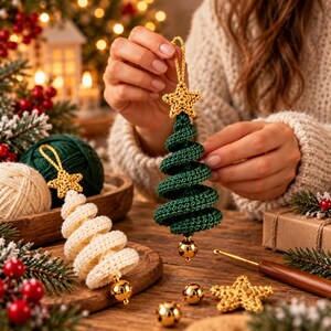 May include: A spiral-shaped Christmas tree ornament made of dark green crochet yarn, topped with a small gold crocheted star and finished with a shiny gold bead at the base. A matching cream-colored crochet tree ornament sits nearby.