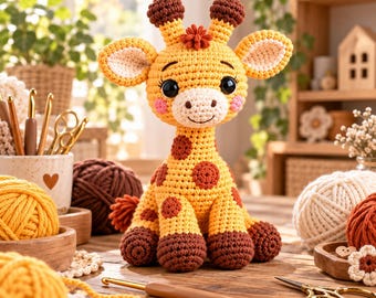 May include: A crocheted giraffe stuffed animal featuring a yellow body with brown spots, dark brown hooves, and large black eyes. The giraffe has a light-colored muzzle, pink cheeks, and two small horns on its head, crafted with yarn.