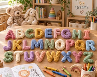 Könnte beinhalten: Ein vollständiges Set aus sechsundzwanzig einzelnen gehäkelten Buchstaben des Alphabets in verschiedenen Pastellfarben, angeordnet auf einem Holztisch. Die Buchstaben haben eine sichtbare Maschenstruktur und liegen neben einem Malbuch und Buntstiften.
