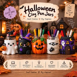 Może przedstawiać: Pięć szklanych pojemników na długopisy ozdobionych figurkami z gliny o tematyce Halloween, w tym duch z dynią, czarny kot w kapeluszu czarownicy, dynia, mumia z pająkiem oraz nawiedzony dom. Tekst głosi Halloween Clay Pen Jars.
